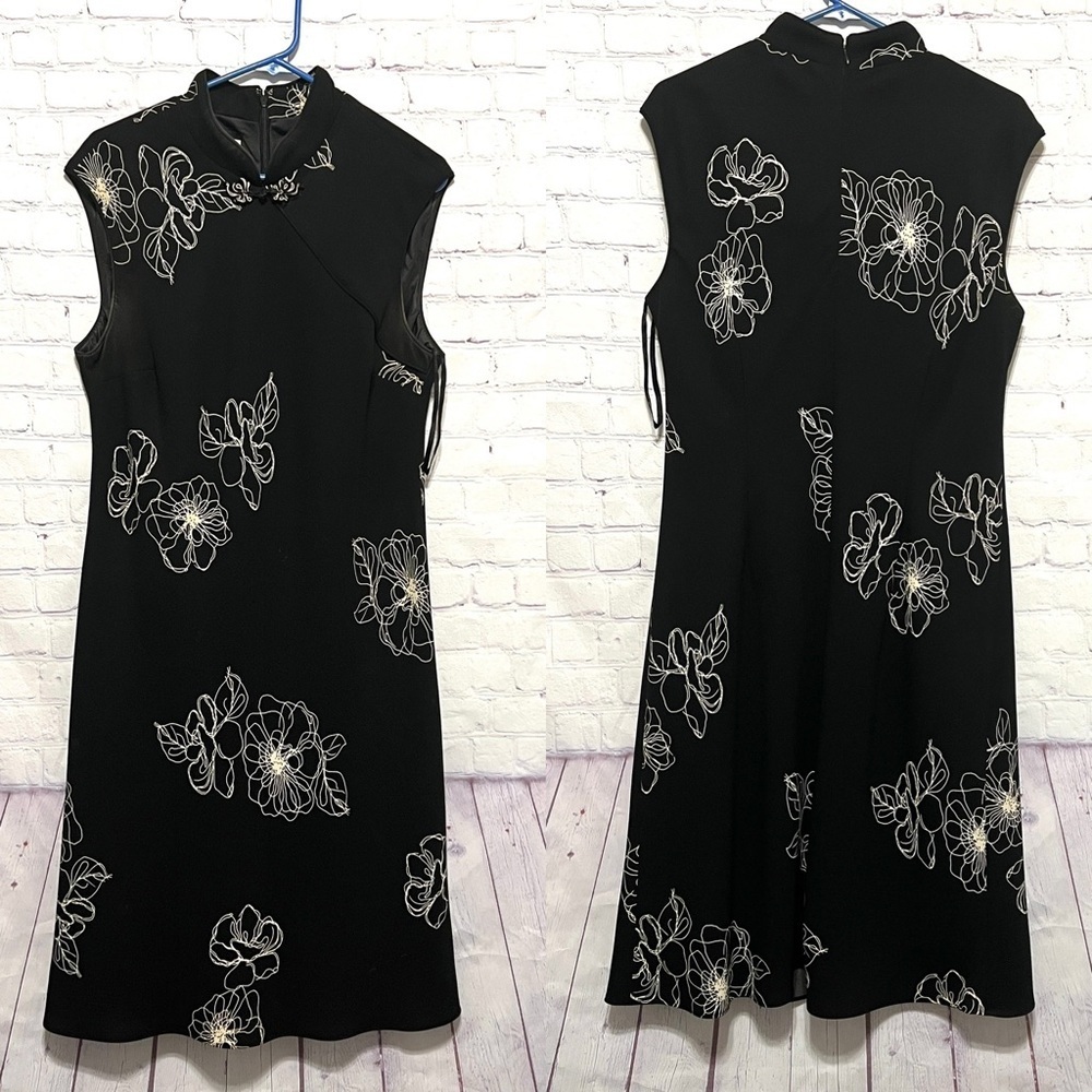 Vintage Asian Chinese Style Long Dress Size 16 Black Floral Evan Picone